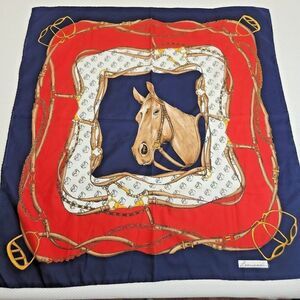 Vintage 70s Leonardi Paris Equestrian Horse Bit Square Scarf Wrap Red Blue 30"